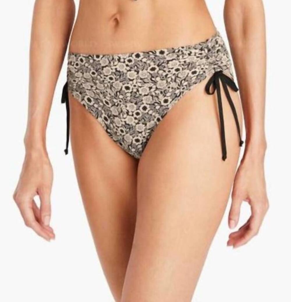 Robin Piccone Black and Cream Floral Side-Tie Bikini Bottom